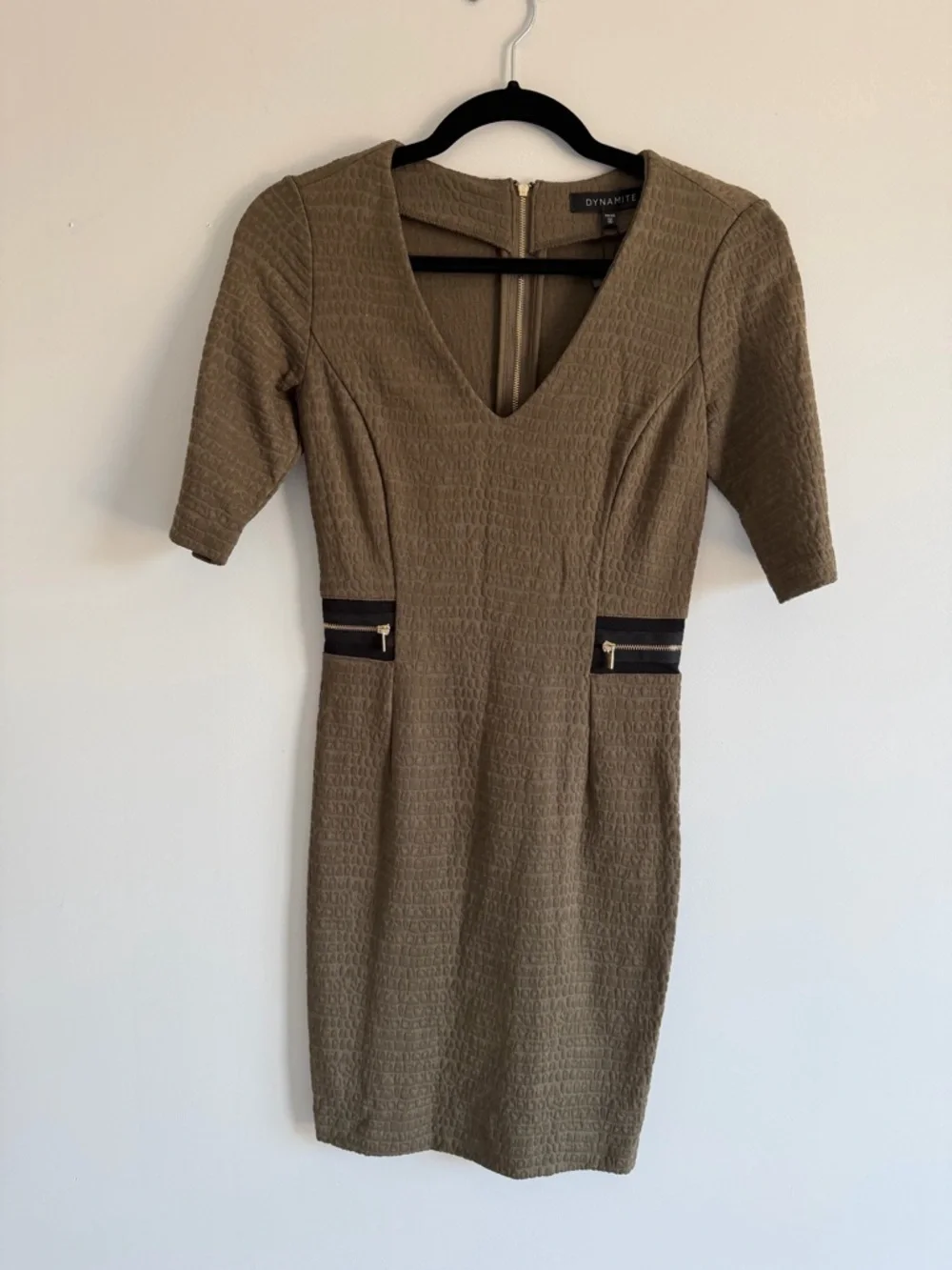 Dynamite Olive Textured Bodycon Dress | Zip Back | Short Sleeve | XS - Picture 1 of 4